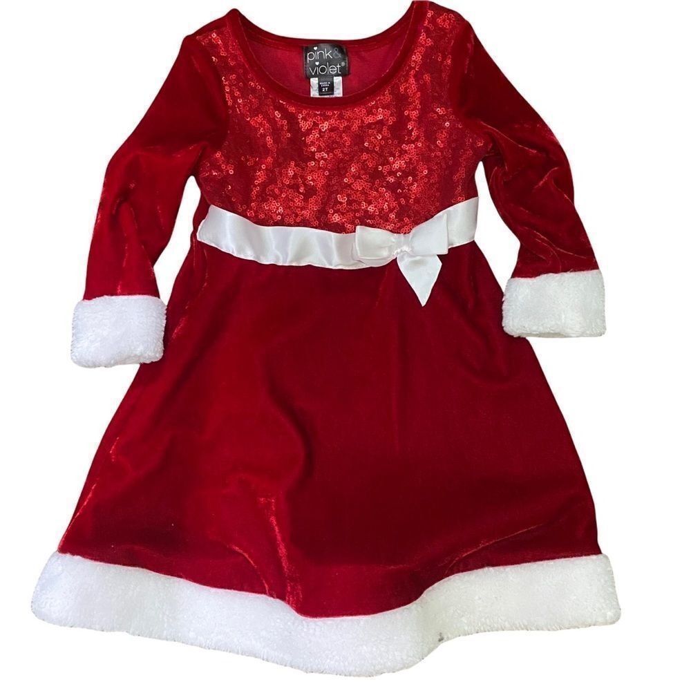 2T Red Santa Velvet Sequined Dress By Pink & Violet Size 2T